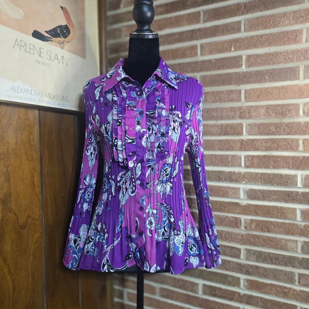 Sunny Leigh Pleated Ruffle Blouse M Purple Floral Paisley Long Sleeve Boho